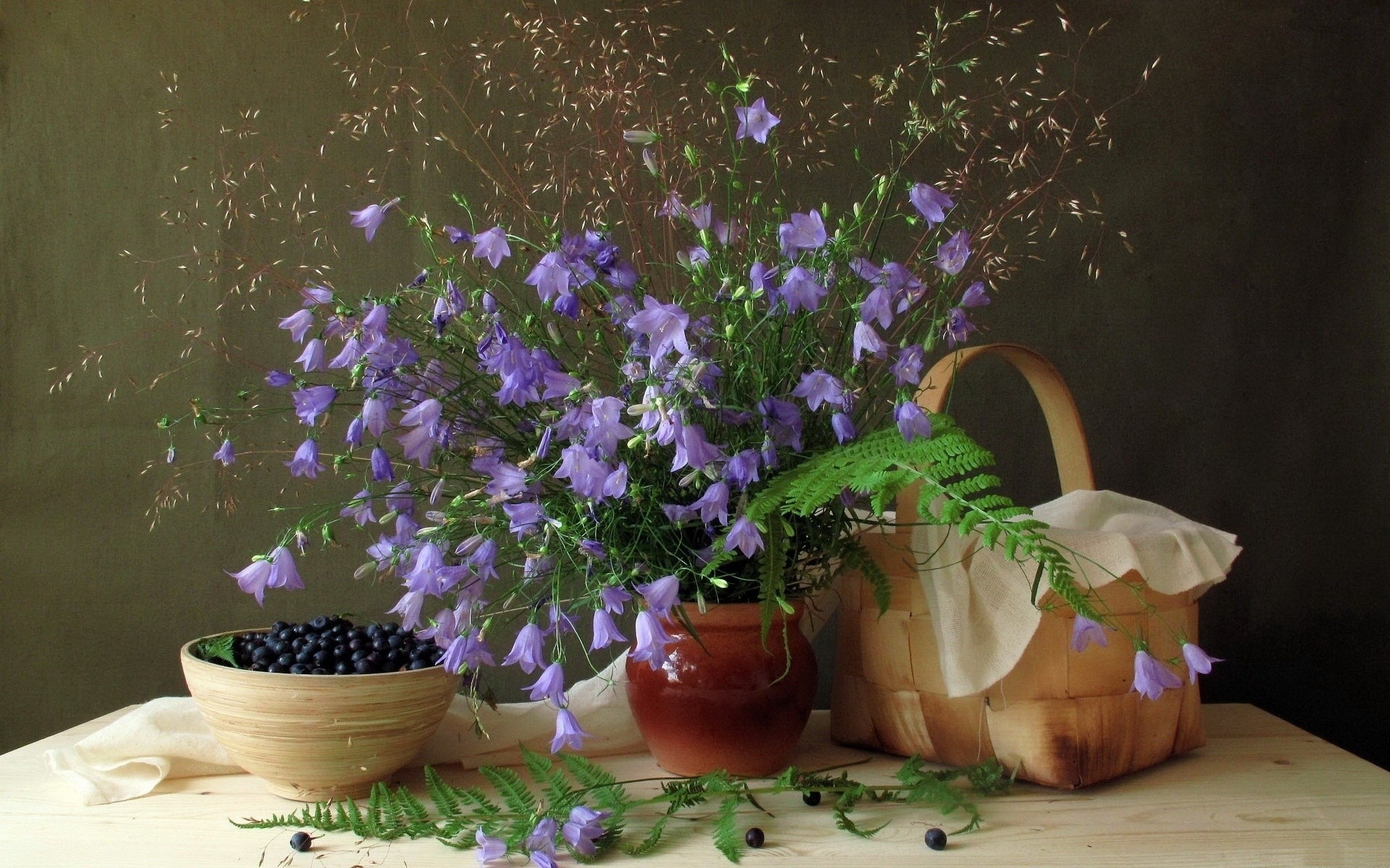 blueberries, Still, Life, Flowers, Pot, Vase, Food, Rustic Wallpaper