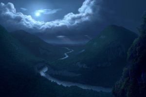 cg, Digital, Art, Nature, Landscapes, Rivers, Valley, Mountains, Trees, Forest, Woods, Night, Sky, Moon, Clouds, Reflection