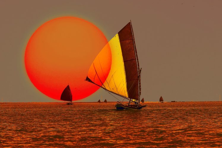 sky, Sun, Sunset, Sea, Boat, Sailing, Art, Artwork, Ocean HD Wallpaper Desktop Background