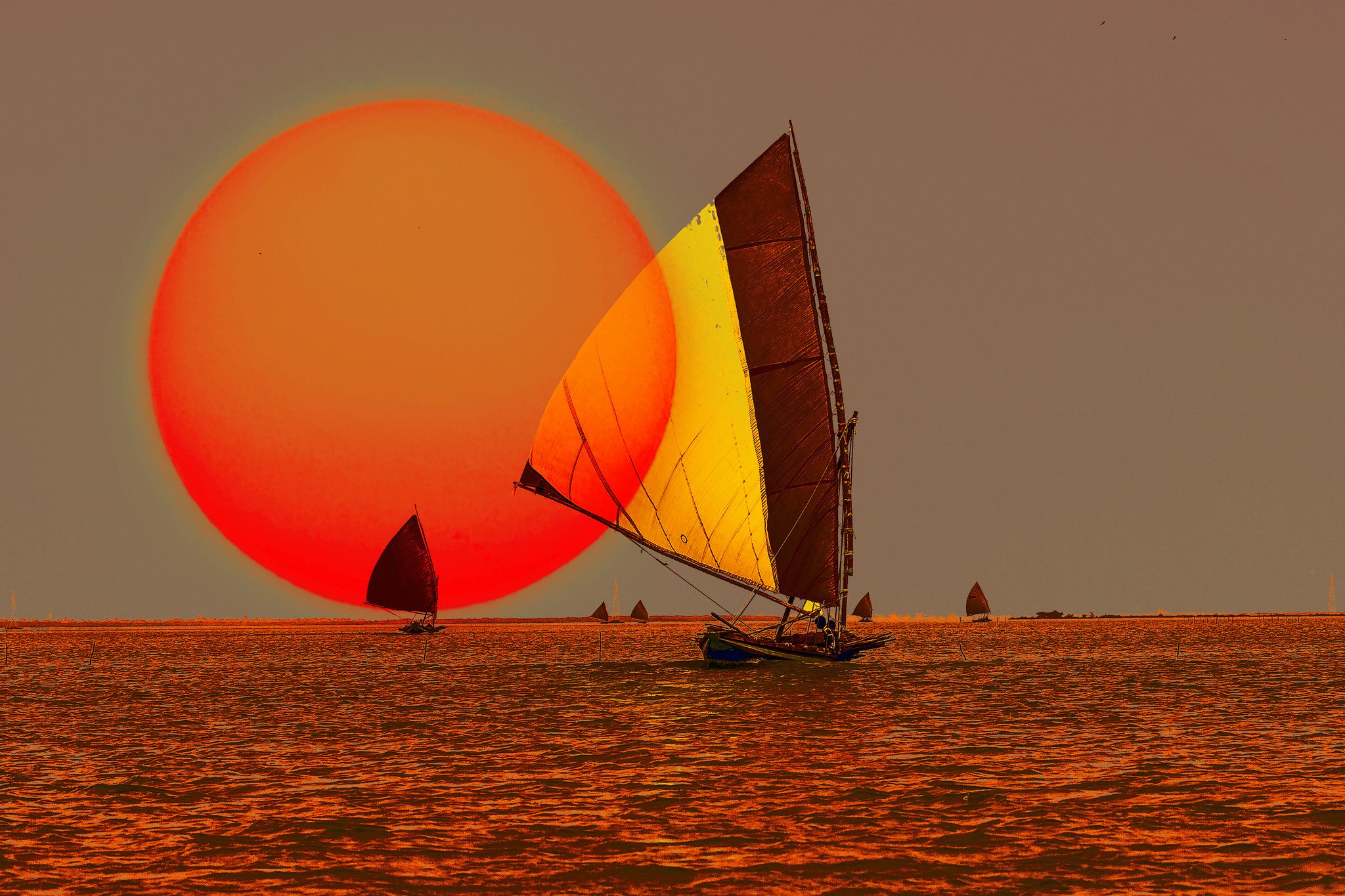 sky, Sun, Sunset, Sea, Boat, Sailing, Art, Artwork, Ocean Wallpaper