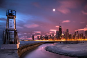 chicago, Winter, Ice, Jetty, Lighthouse, Lakes, Night, Lights, Architecture, Buildings, Skyscraper, Sky, Clouds