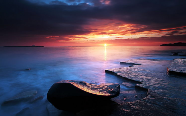 coast, Shore, Beaches, Stone, Rock, Ocean, Sea, Water, Sky, Clouds, Sunset, Sunrise, Reflection HD Wallpaper Desktop Background