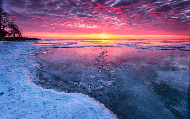 ice, Winter, Lake, Sunset, Sunrise, Sky, Clouds, Beaches, Shore HD Wallpaper Desktop Background