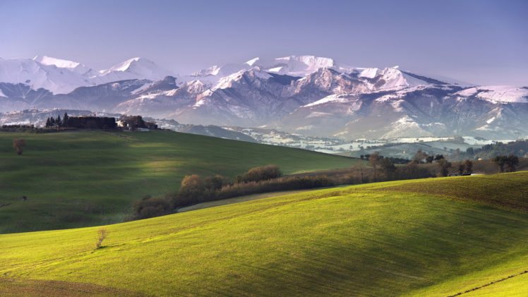 meadow, Nature, Landscapes, Fields, Farm, Mountains, Village, Town, Snow, Sky HD Wallpaper Desktop Background