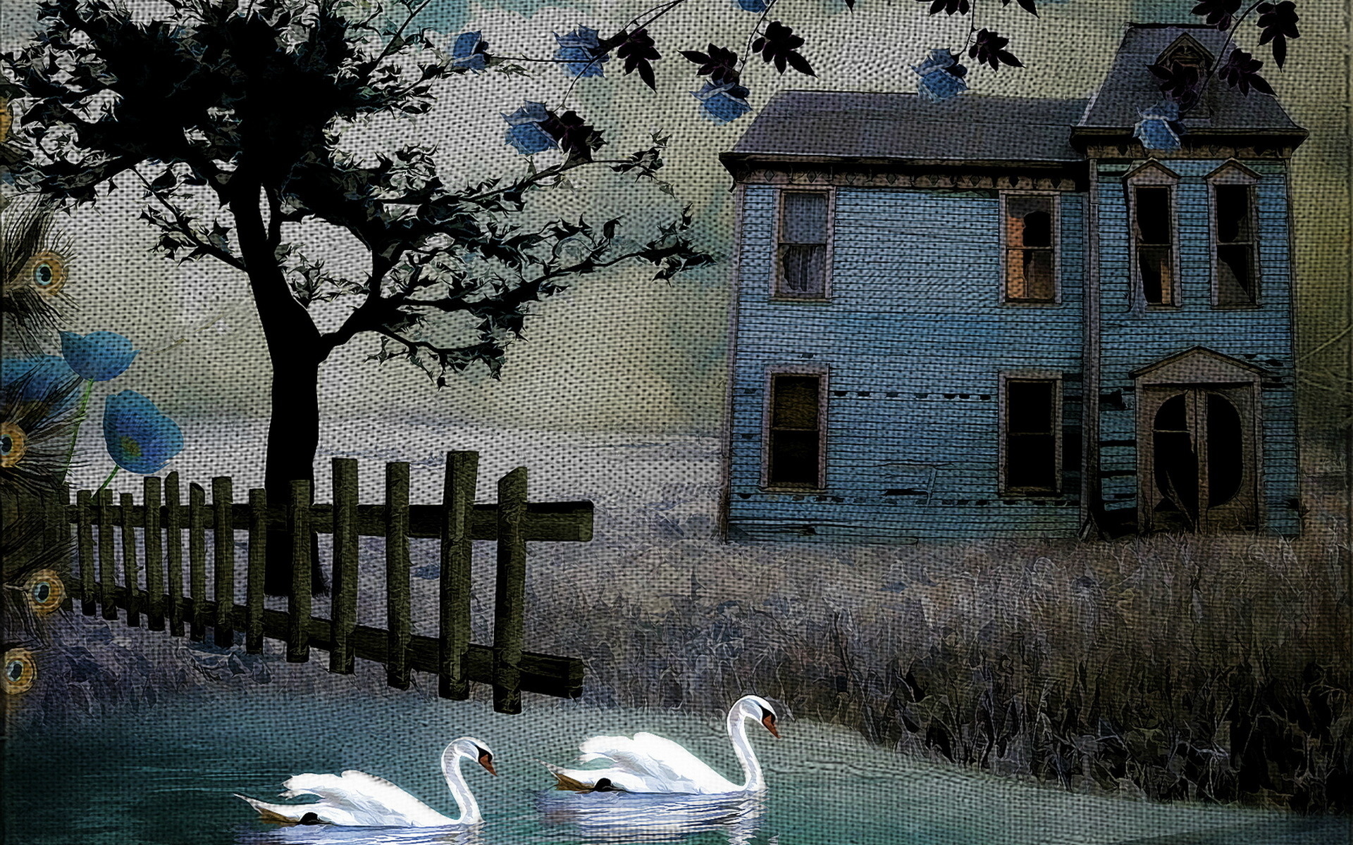 painting, Art, Texture, Rustic, Birds, Swan, Fence, House, Buildings, Architecture, Trees Wallpaper