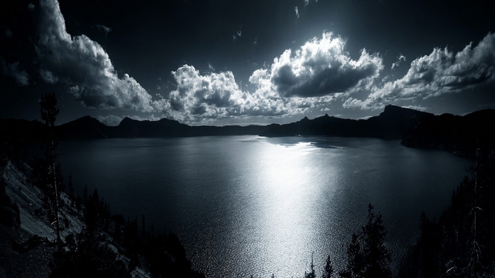 sky, Clouds, Night, Moonlight, Moon, Glow, Silhouette, Lakes, Reflection, Shore, Reflection, Mood, Mountains Wallpaper