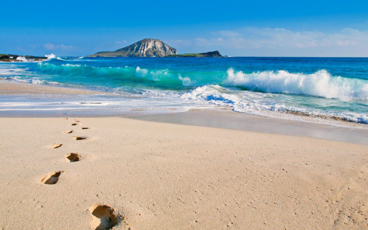 summer, Beaches, Sand, Footprint, Waves, Ocean, Sea, Sky, Clouds, Nature, Island HD Wallpaper Desktop Background