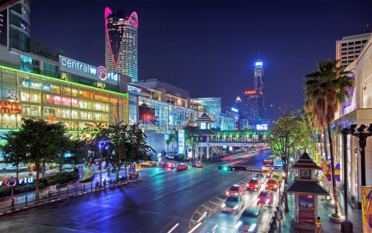 thailand, Bangkok, Cities, Architecture, Buildings, Street, Roads, Traffic, Cars, Night, Lights HD Wallpaper Desktop Background