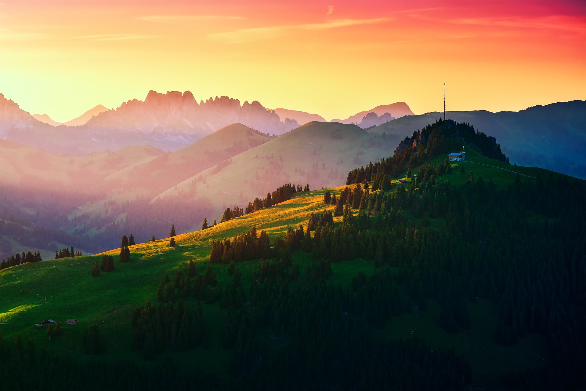 hills, Mountains, Switzerland, Sunrise, Sunset Wallpaper