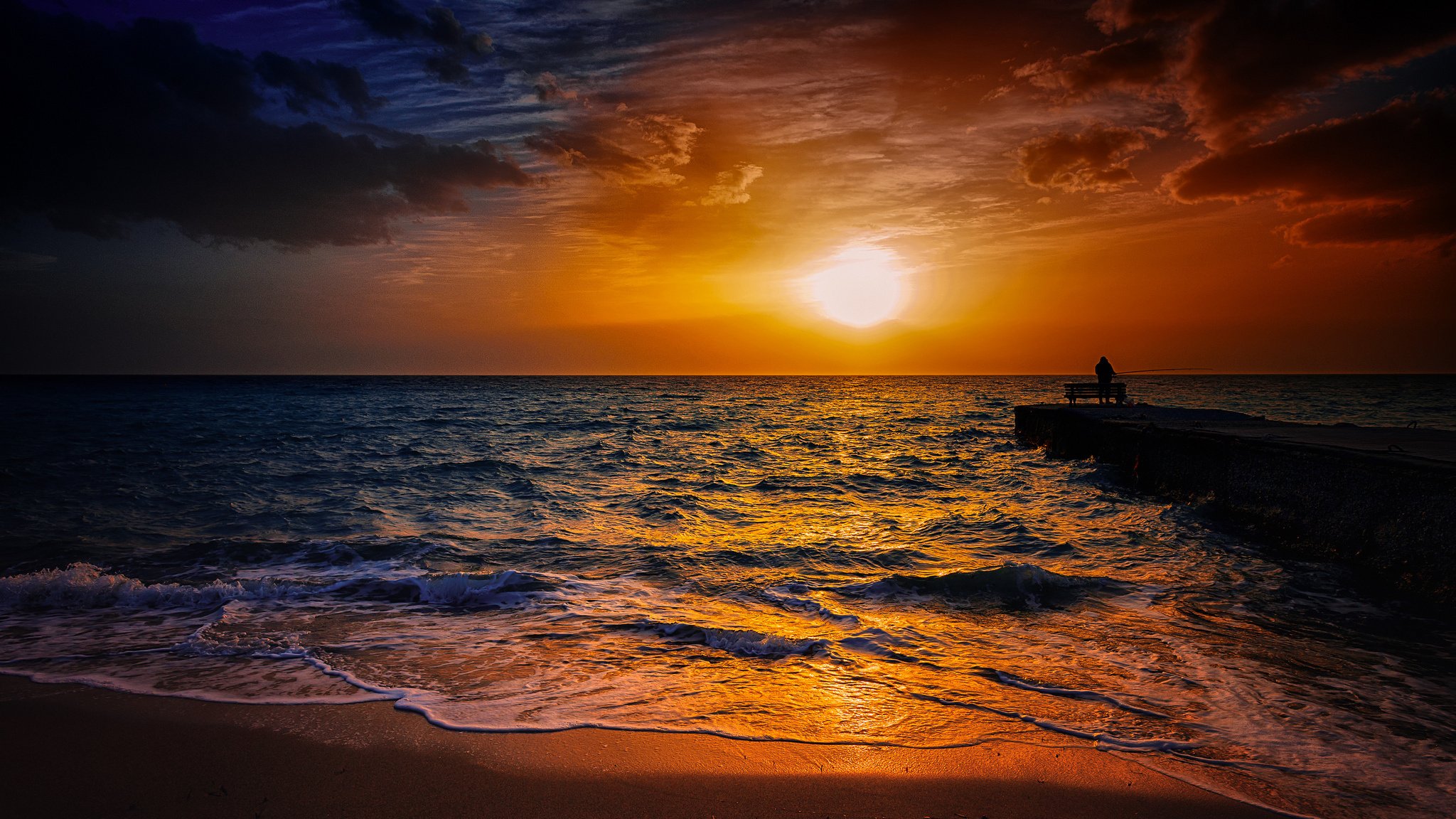 pier, Fisherman, Sky, Sun, Sea, Bench, Sunset, Sunrise, Mood, Ocean, Beach, Waves Wallpaper