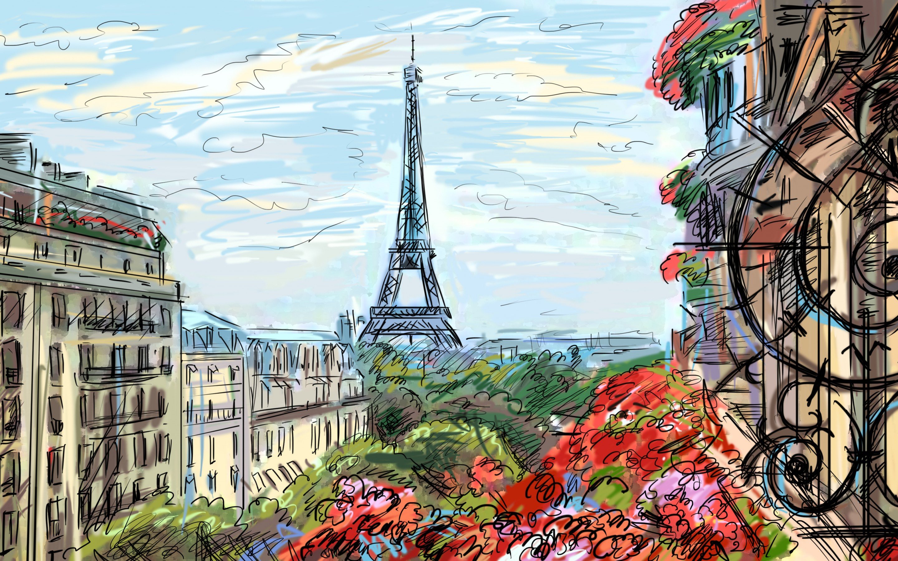 eiffel, Tower, Paris, Sky, Clouds, Houses, France, French, Artwork, Art, Painting Wallpaper