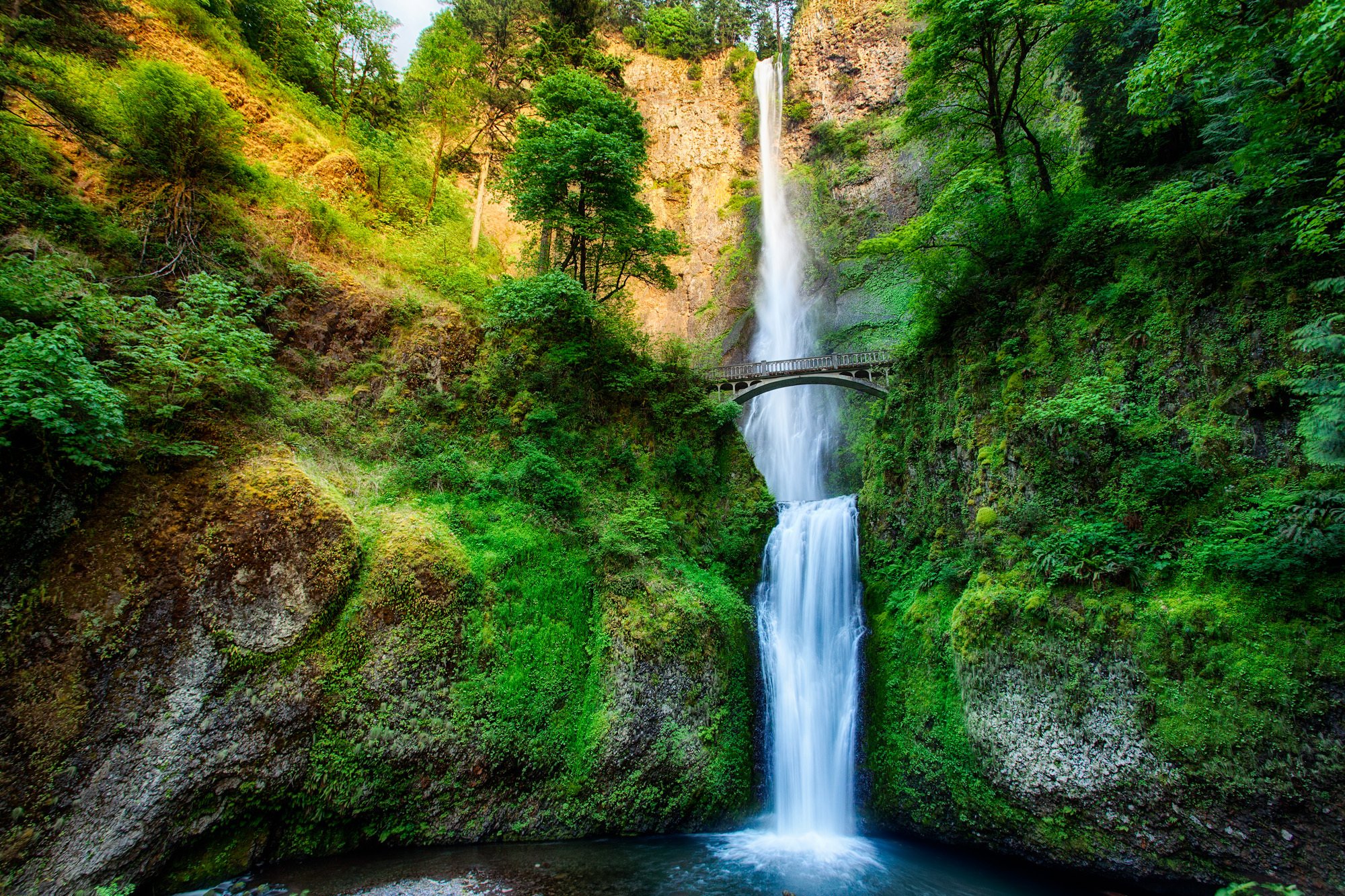 oregon, Usa, Waterfall, River, Stream, Forest, Trees, Bridge, Rock Wallpaper