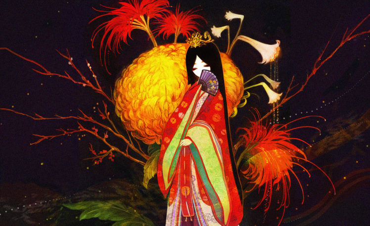 chrysanthemum, Fan, Kimono, Drawing, Girl, Original, Anime HD Wallpaper Desktop Background