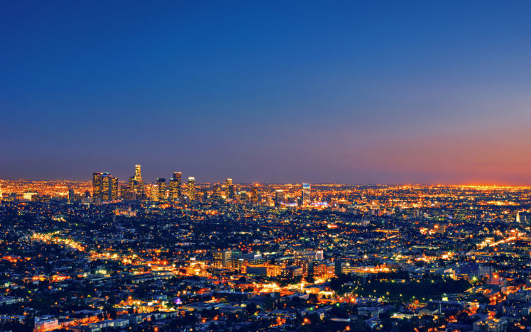los, Angeles, Cities, Architecture, Buildings, Skyscrapers, Night, Lights, Sunset, Sunrise HD Wallpaper Desktop Background