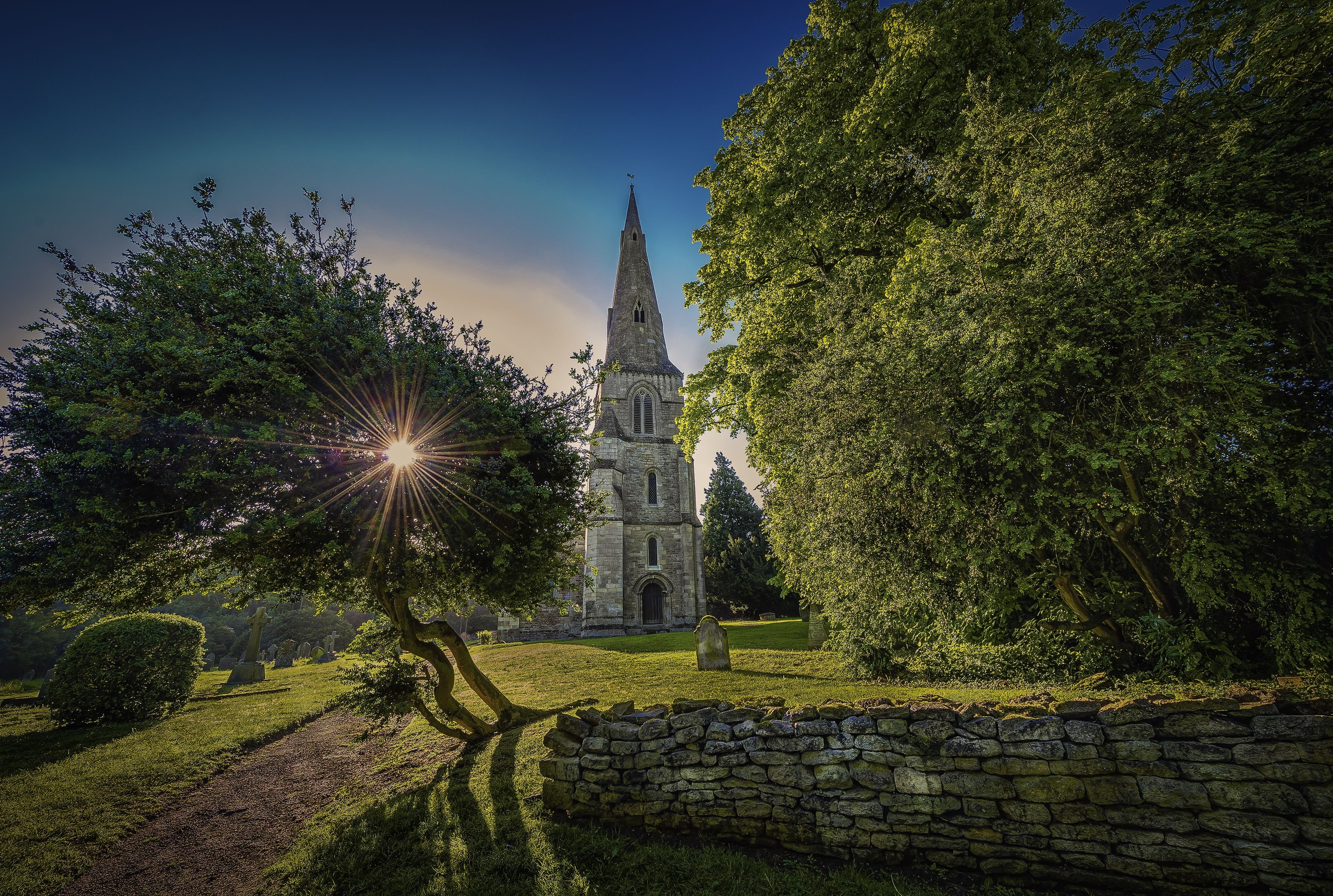 sunset, Field, Castle, Trees, Landscape, Church Wallpaper