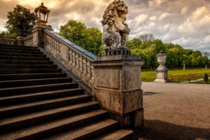 stairs, Lion, Sculpture, Garden, Castle