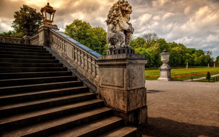 stairs, Lion, Sculpture, Garden, Castle HD Wallpaper Desktop Background