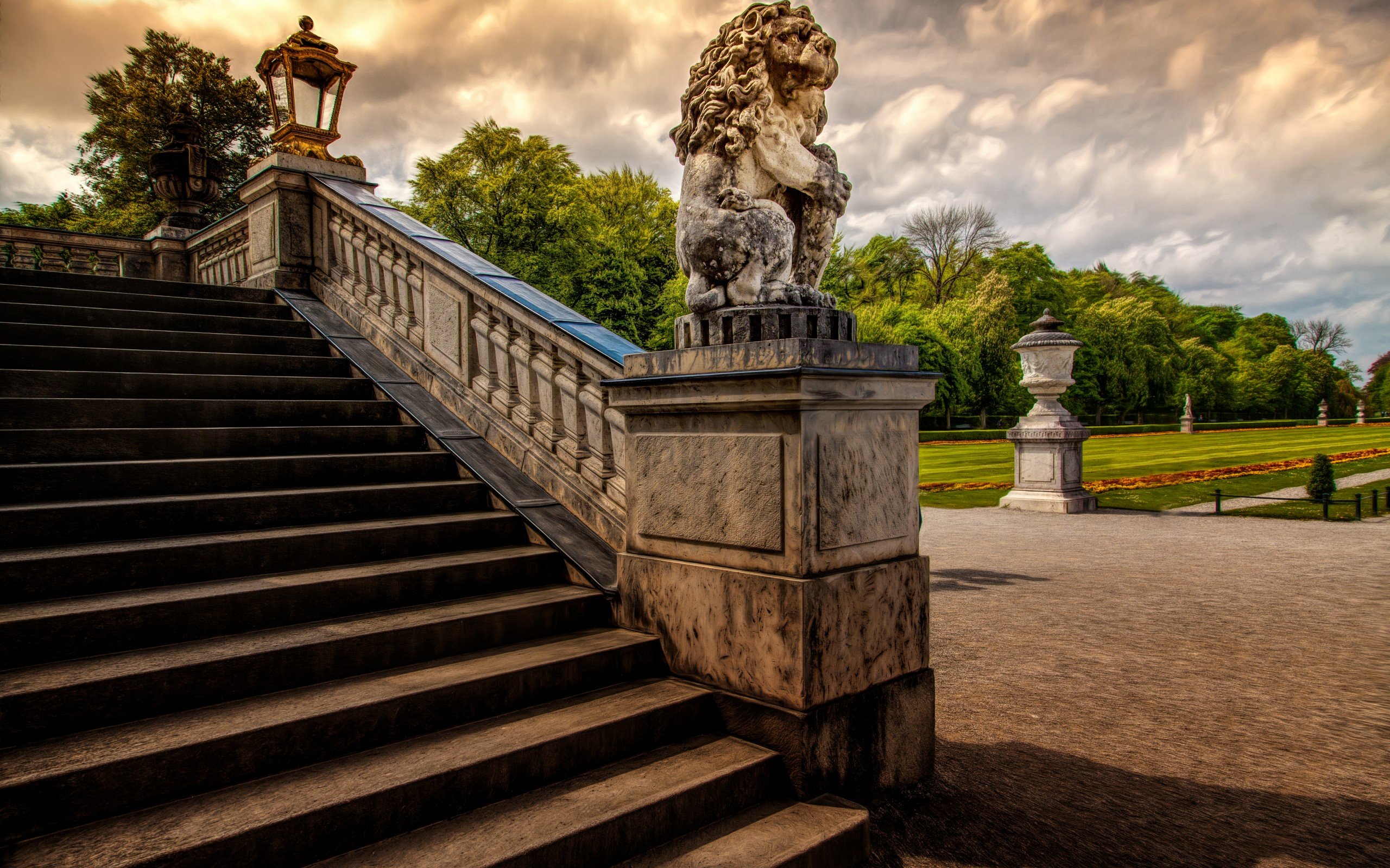 stairs, Lion, Sculpture, Garden, Castle Wallpaper