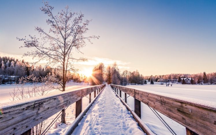 bridge, Winter, Landscape, Sunrise, Sunset, Dawn HD Wallpaper Desktop Background