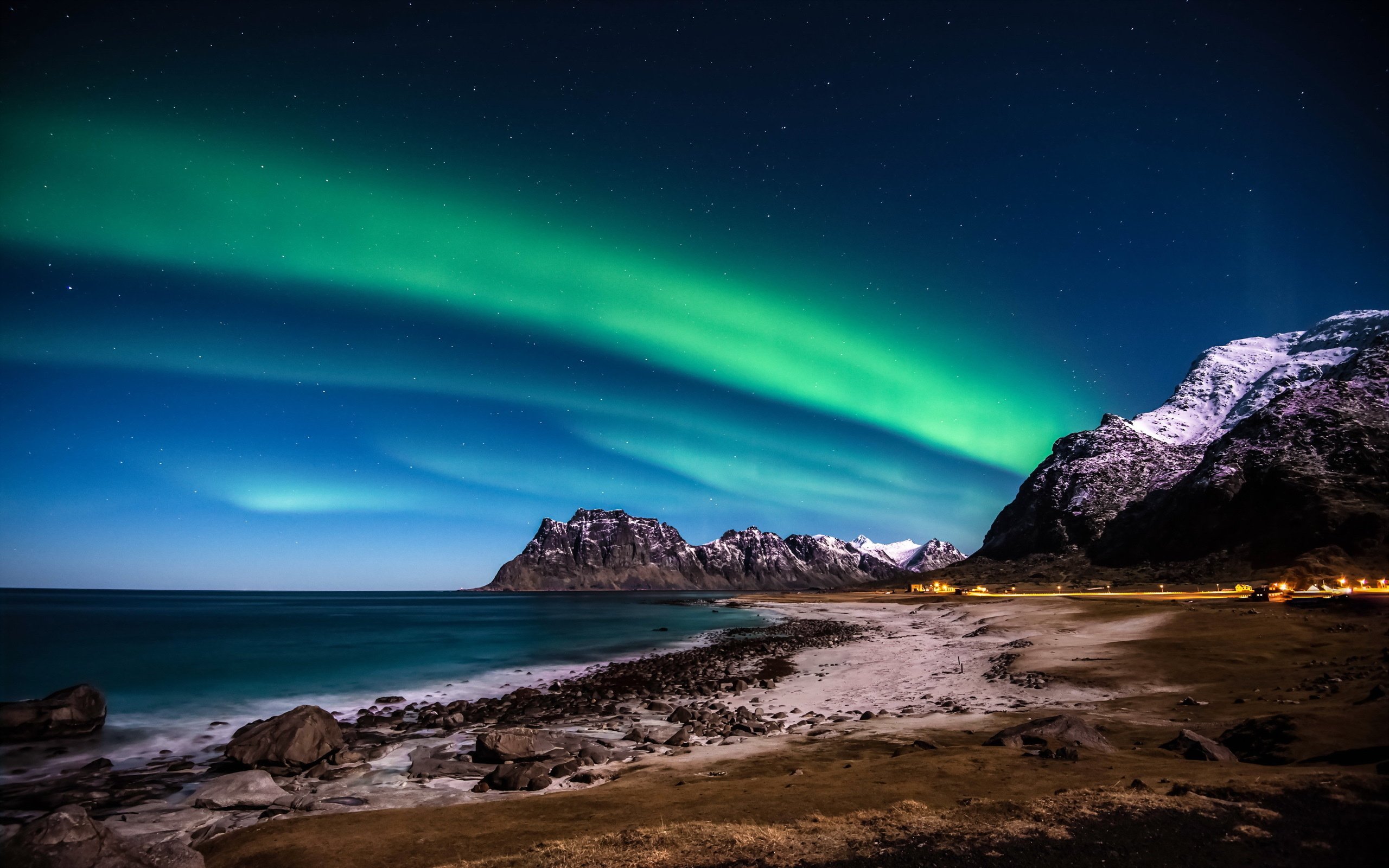 night, Lights, Sea, Beach, Ocean, Sky, Stars, Northern Wallpaper