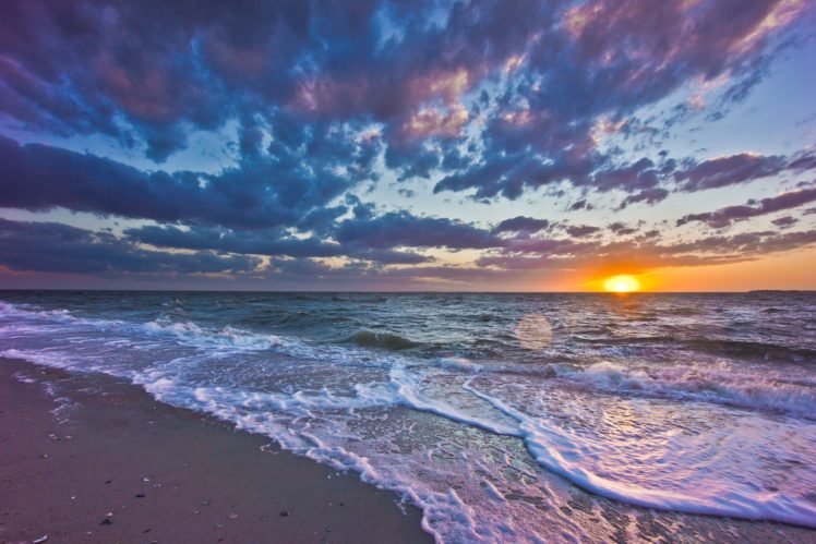 sunset, Sea, Waves, Coast, Landscape HD Wallpaper Desktop Background