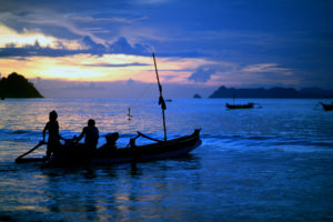 boat, Silhouette, Ocean, Sunset, Blue, Sea, Sky, Clouds, Mood, People