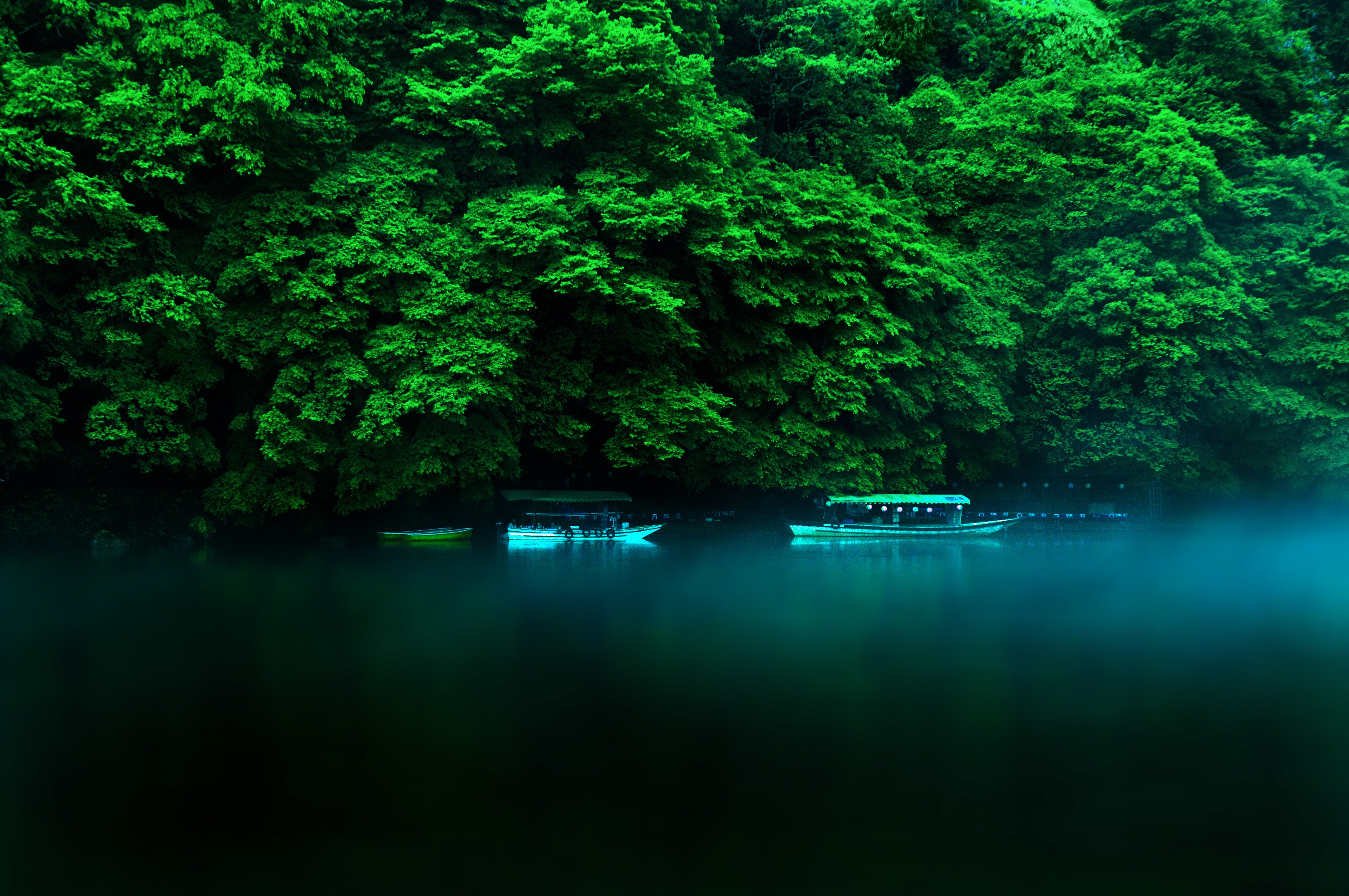 river, Boats, Blue, Green, Jungle Wallpaper