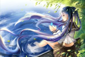 barefoot, Blue, Eyes, Blue, Hair, Butterfly, Hatsune, Miku, Leaves, Long, Hair, Seifuku, Twintails, Vocaloid, Water, Yeluno, Meng