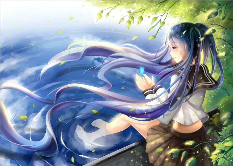 barefoot, Blue, Eyes, Blue, Hair, Butterfly, Hatsune, Miku, Leaves, Long, Hair, Seifuku, Twintails, Vocaloid, Water, Yeluno, Meng HD Wallpaper Desktop Background
