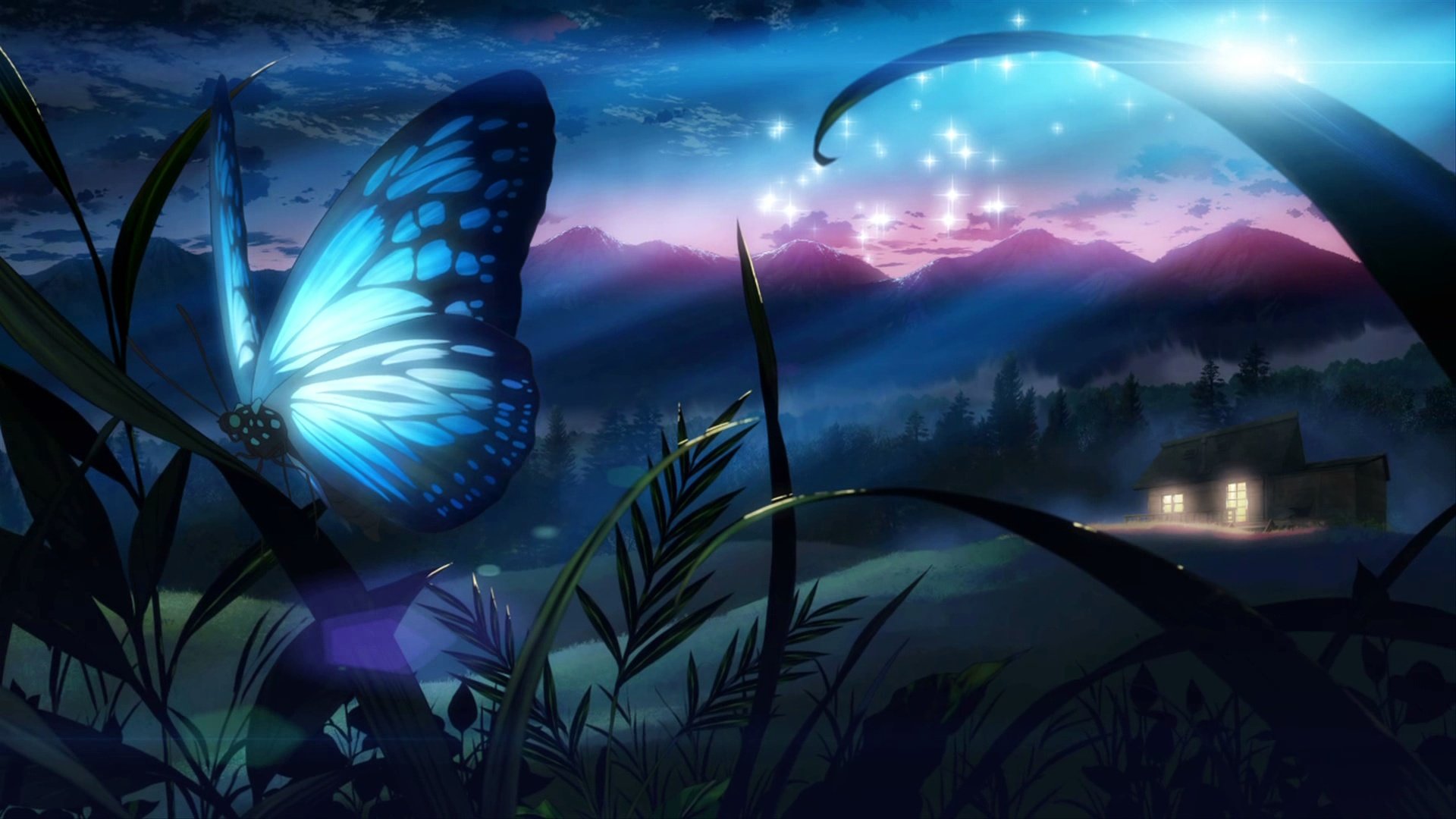 butterfly, Eden, Grass, Night, Tree, Original, Fantasy Wallpaper