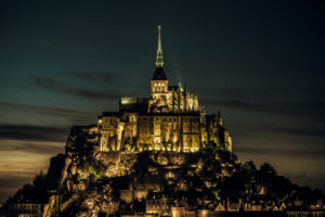 mont, Saint michel, Castle, Buildings, Night, Lights, Sky