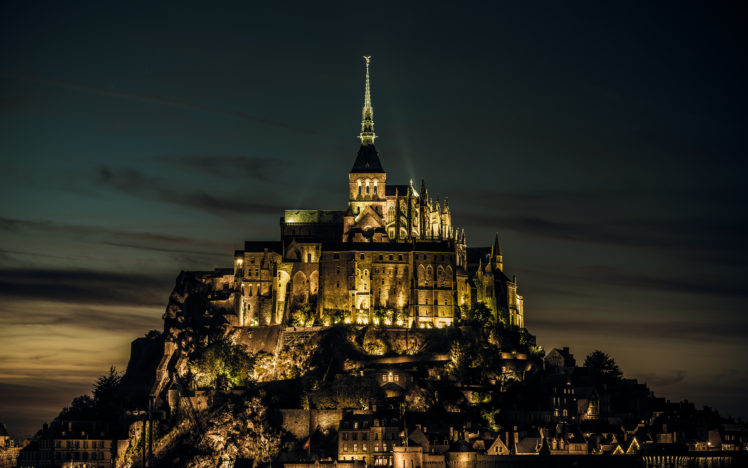mont, Saint michel, Castle, Buildings, Night, Lights, Sky HD Wallpaper Desktop Background