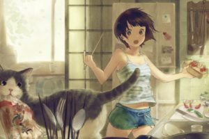 cat, Anime, Girl, Drawing, Food