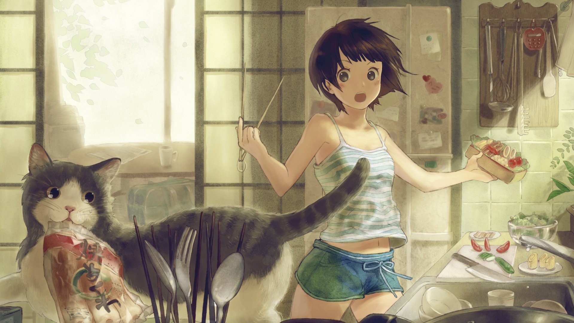 cat, Anime, Girl, Drawing, Food Wallpaper
