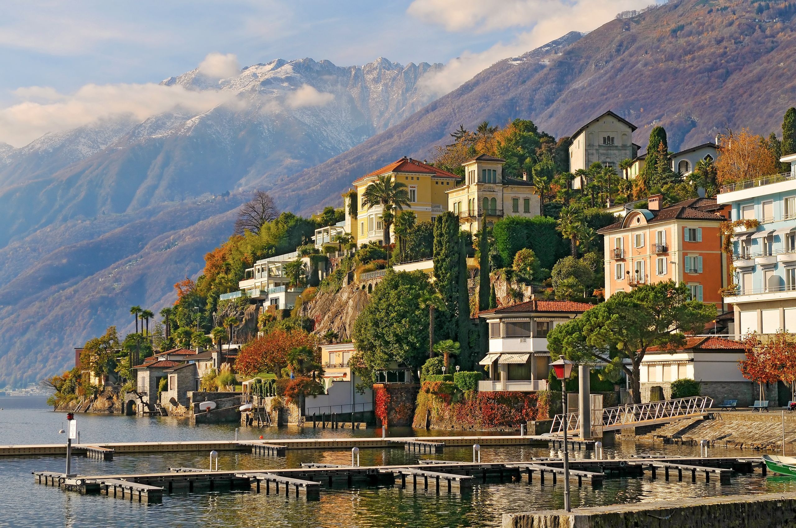 switzerland, Ascona, Switzerland, Mountains, Buildings, Ascona, Trees, Lakes, House Wallpaper