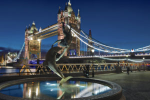tower, Bridge, London, Bridge, Night, Fountain, Dolphin