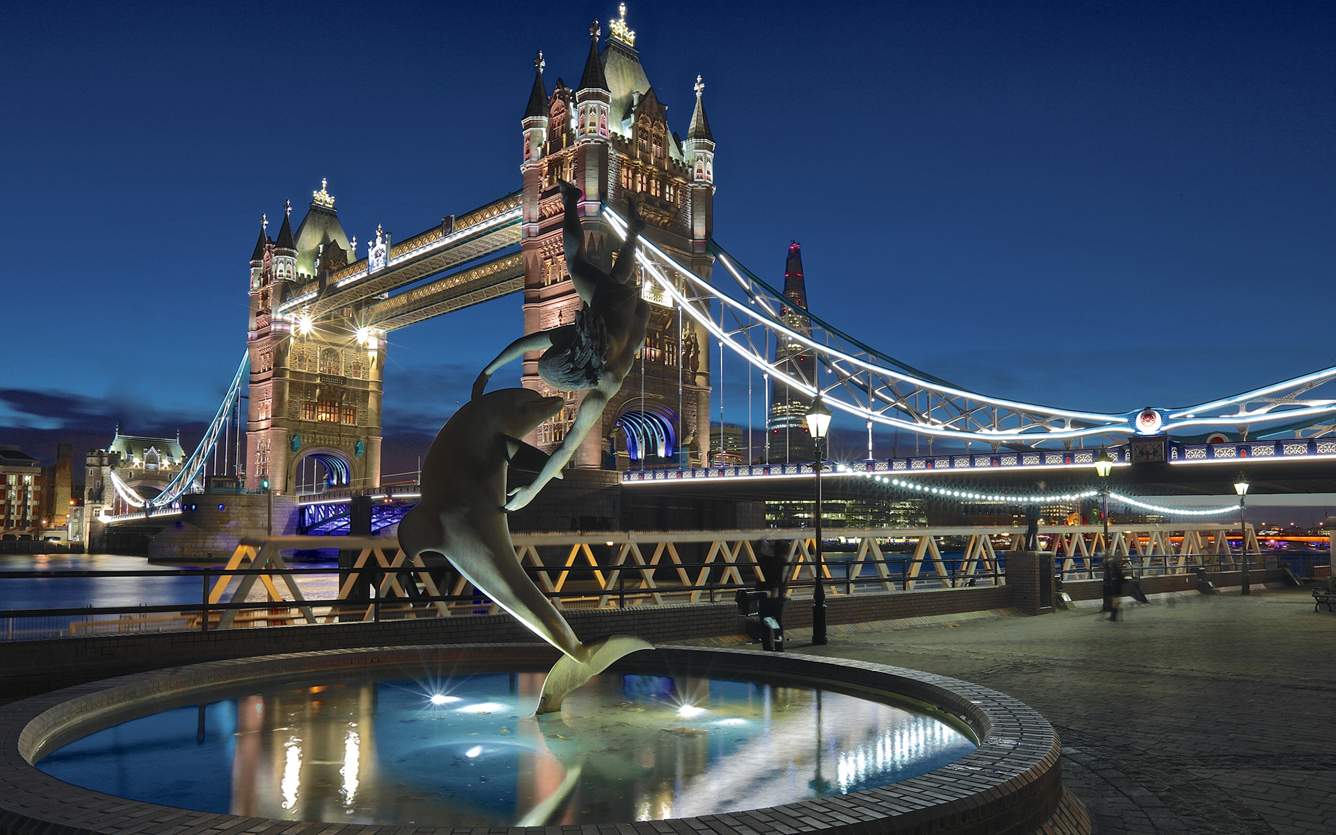 tower, Bridge, London, Bridge, Night, Fountain, Dolphin Wallpaper