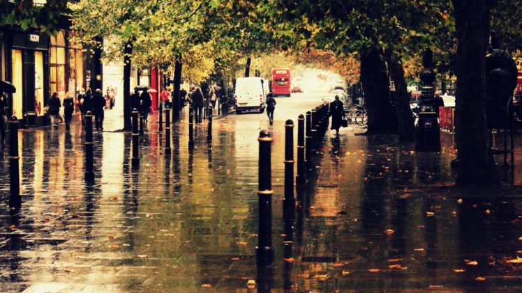 autumn, City, Street, Rain, People, Sidewalk, Reflection, Trees HD Wallpaper Desktop Background