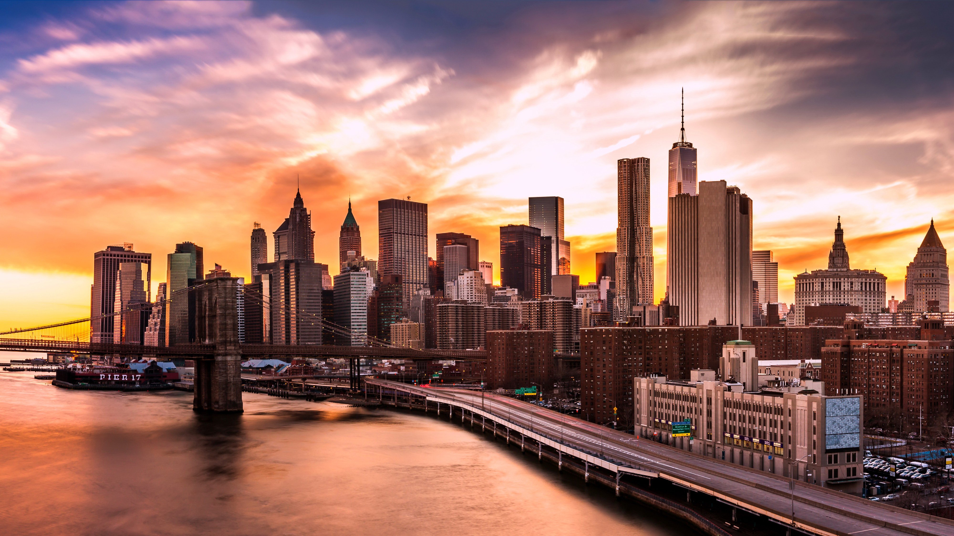 usa, Skyscrapers, Rivers, Bridges, Roads, Sunrises, And, Sunsets, New, York, City, Cities Wallpaper