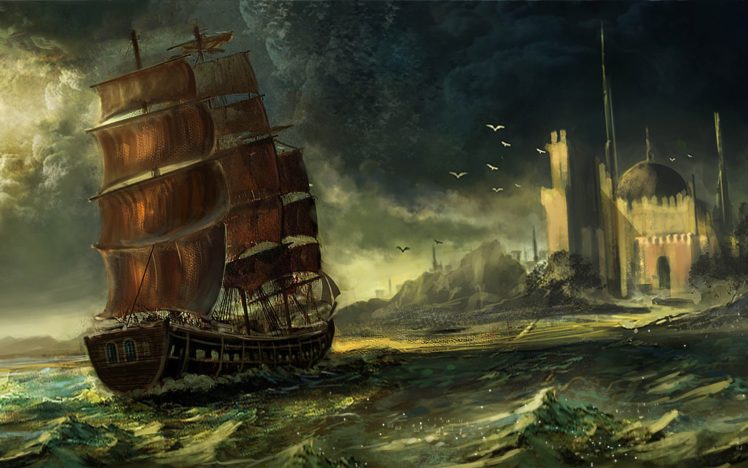 ship, Ocean, Bird, Castle, Drawing, Game HD Wallpaper Desktop Background