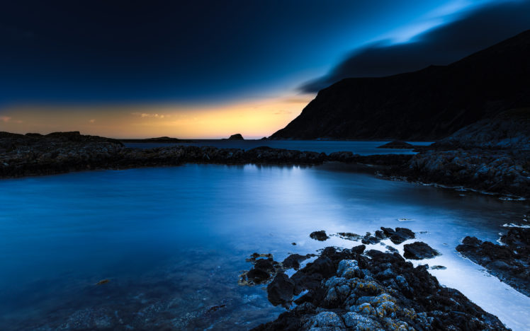 ocean, Rocks, Stones, Sky, Sunset, Mountains, Clouds HD Wallpaper Desktop Background
