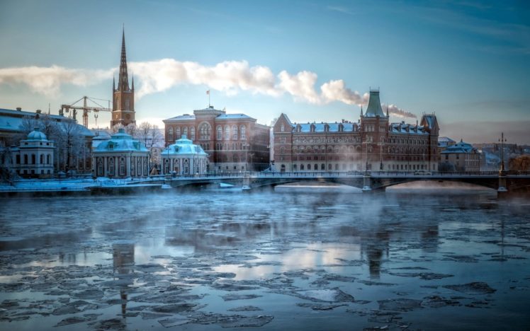 riddarholmen, City, Stockholm, Cities, Buildings, Winter, Ice, Rivers, Bridge HD Wallpaper Desktop Background
