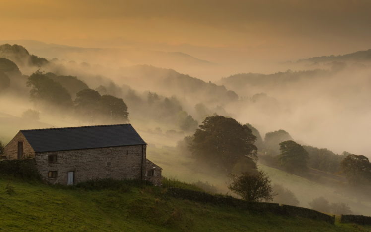 morning, House, Field, Fog, Landscape HD Wallpaper Desktop Background