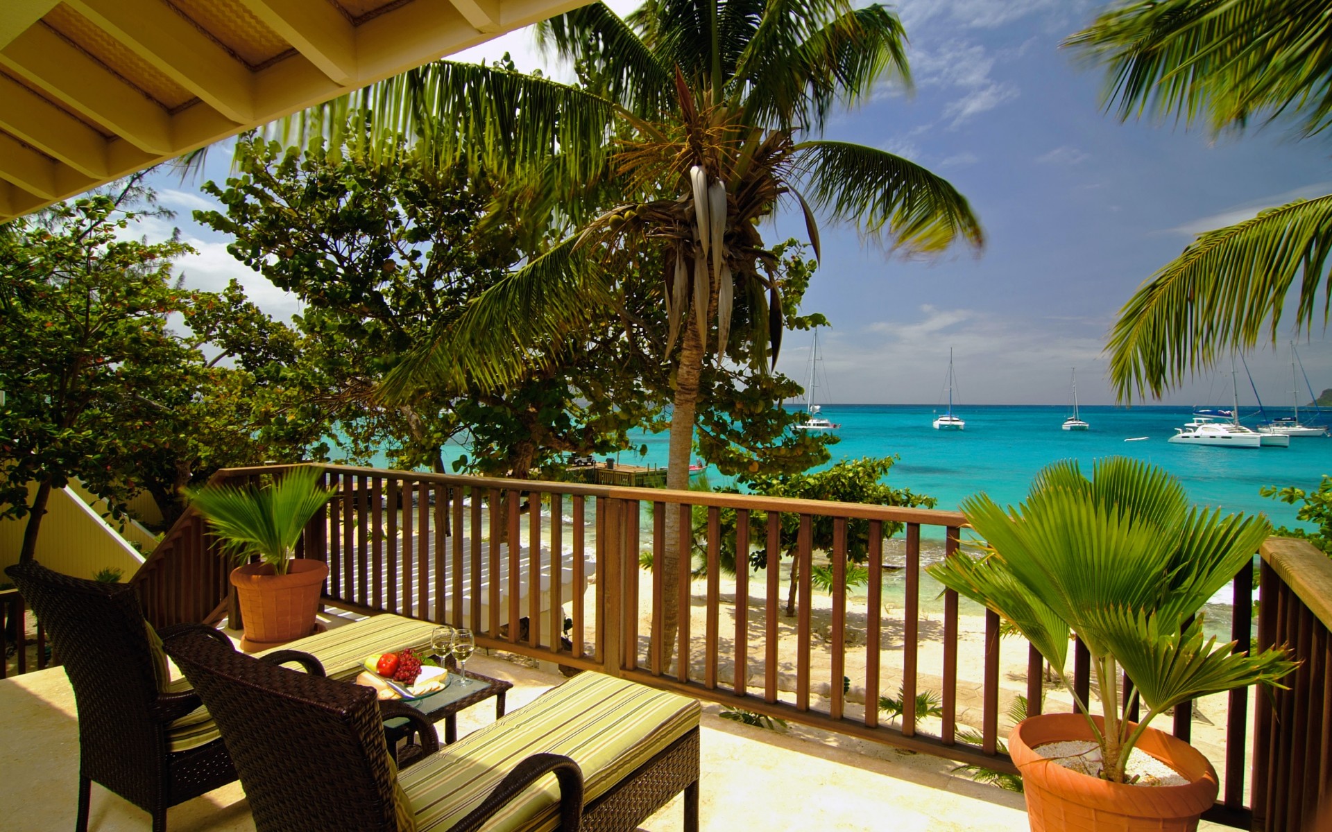 sea, Beach, Terrace, Balcony, View, Horizon, Rest, Relax, Ocean, Boats, Trees Wallpaper