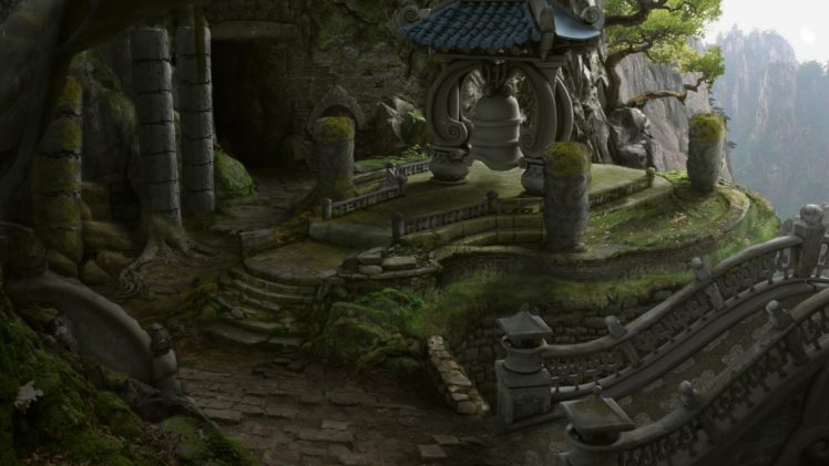world, Of, Warcraft, Mists, Of, Pandaria, Concept, Art, Landscape, Desolation, Ruins, Columns, Mountains, Rocks, Bridge HD Wallpaper Desktop Background