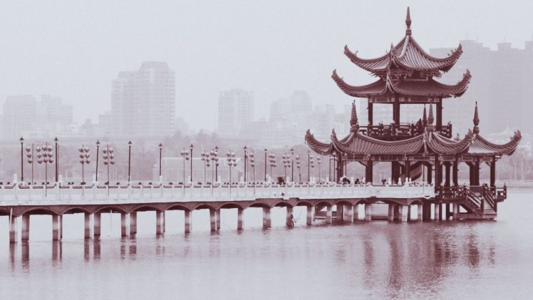 chinese, Monochrome, 1920×1080, Wallpaper, Design, Bridges, Buildings, Black, White HD Wallpaper Desktop Background