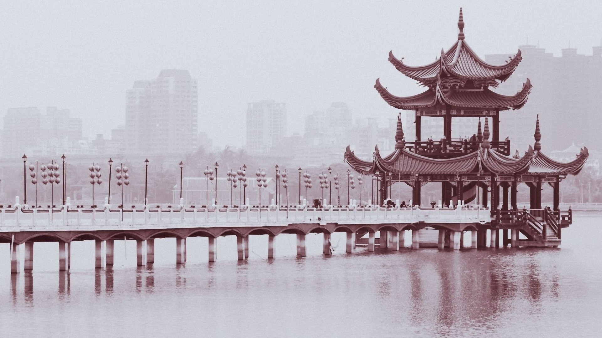 chinese, Monochrome, 1920x1080, Wallpaper, Design, Bridges, Buildings, Black, White Wallpaper