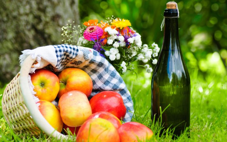 grass, Basket, Cloth, Wine, Apples, Picnic, Bouquet, Flowers, Fruit, Still, Life HD Wallpaper Desktop Background