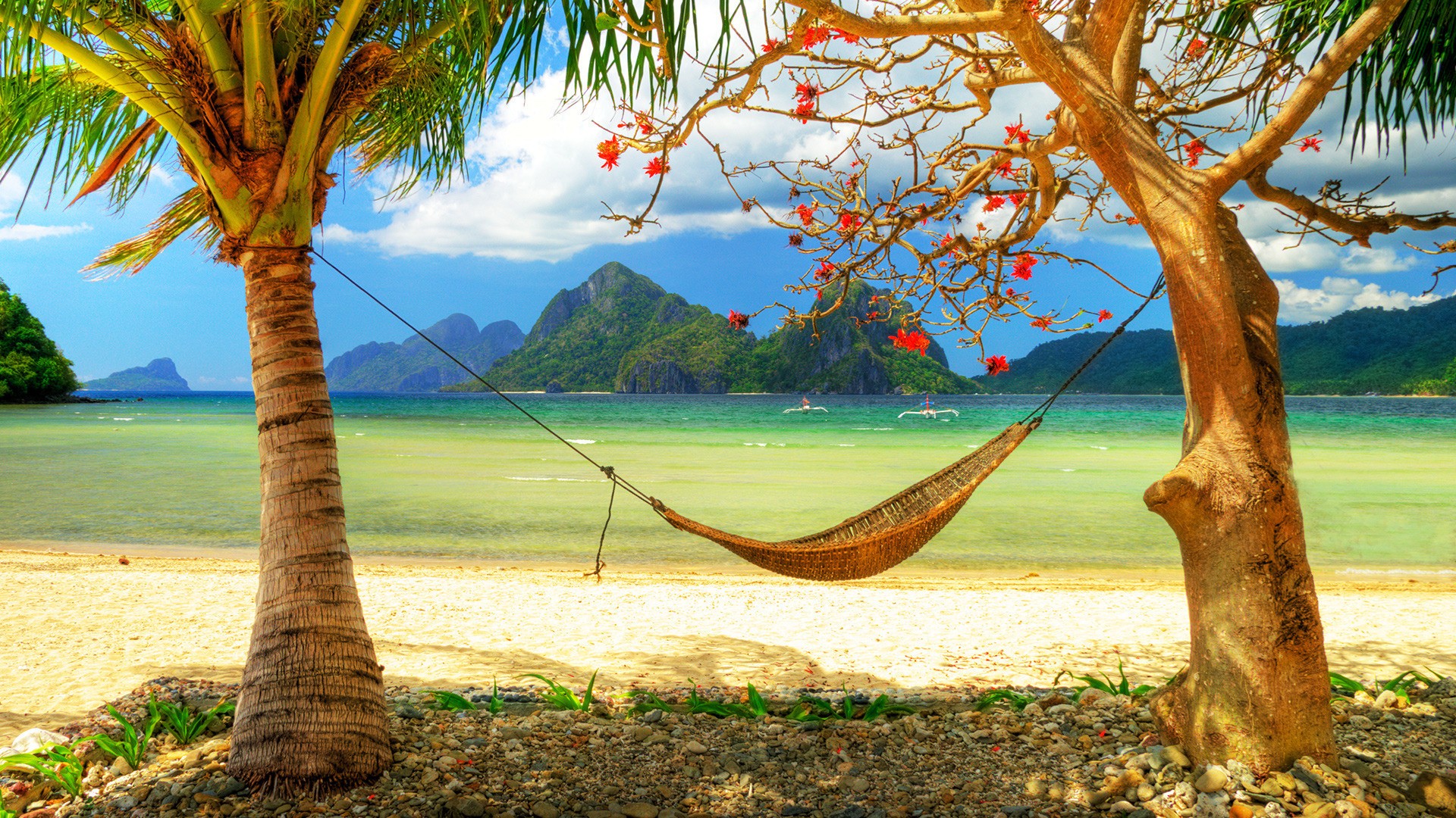 hammock, Mountains, Tropics, Beach, Sea, Clouds, Islands, Boats, Trees, Beaches Wallpaper
