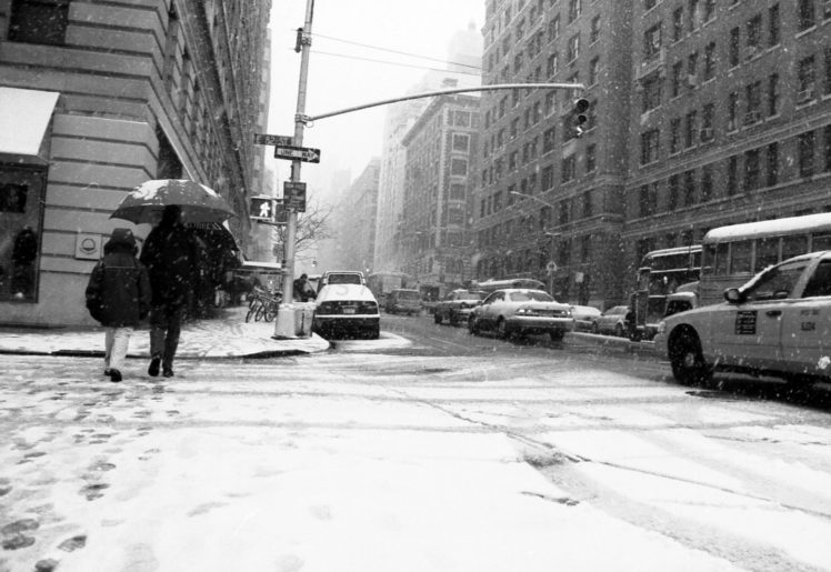 monochrome, New, York, Roads, Cars, Taxi, Winter, Snow, People, Umbrella, Black, White HD Wallpaper Desktop Background